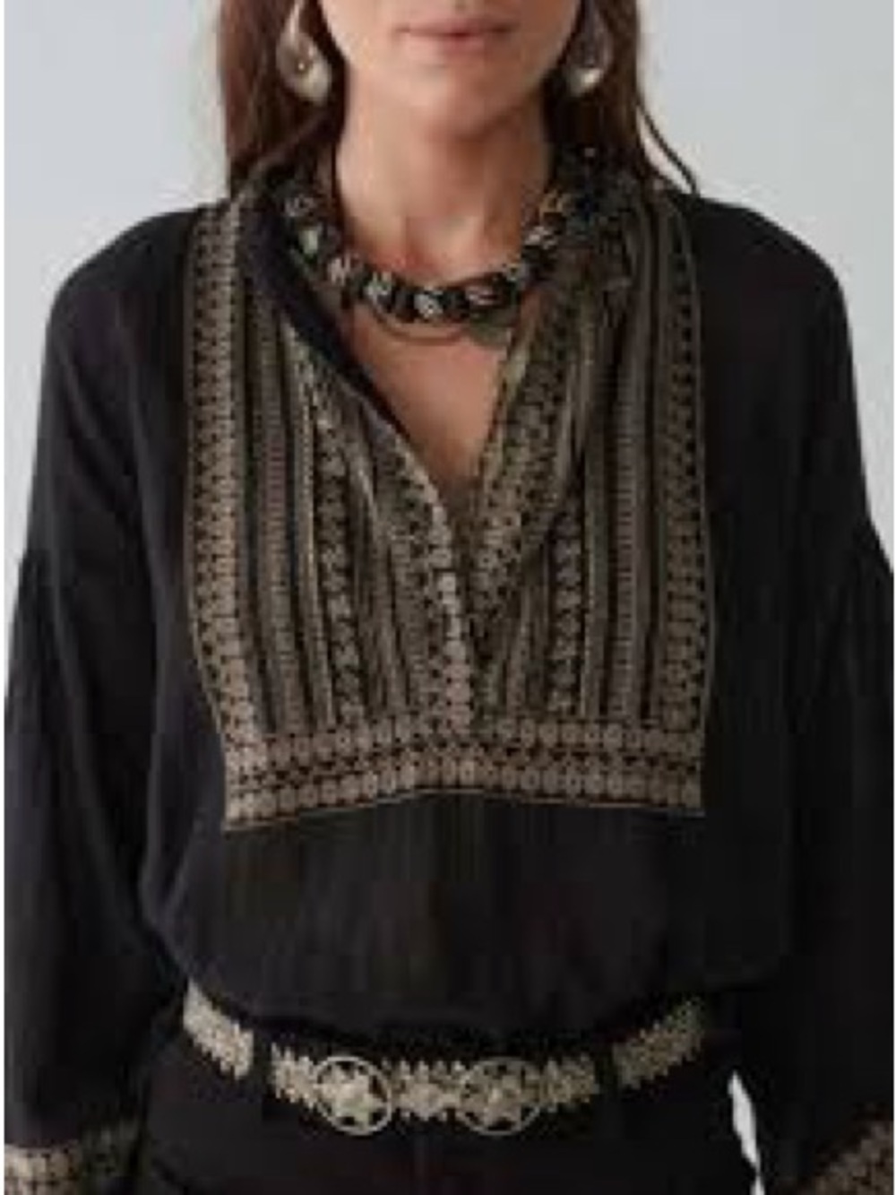NWT Black Embroidered V-Neck Boho Blouse - Picture 2 of 2